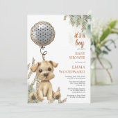 Het is een Boy Puppy Balloon Baby shower Kaart (Staand voorkant)