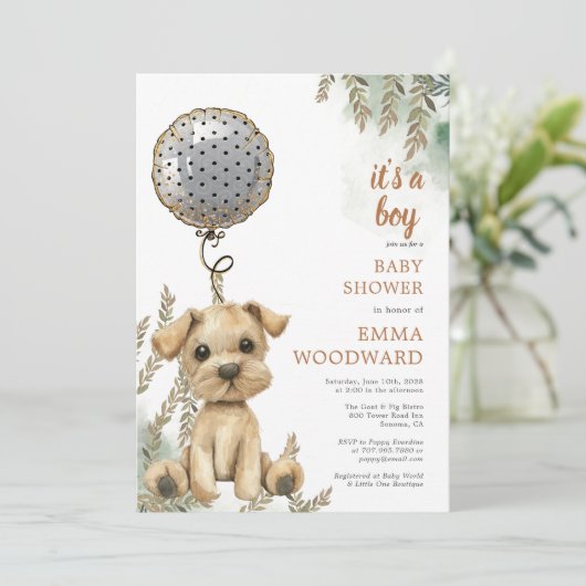 Het is een Boy Puppy Balloon Baby shower Kaart (Staand voorkant)