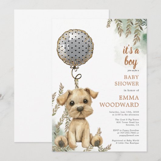 Het is een Boy Puppy Balloon Baby shower Kaart (Voorkant / Achterkant)