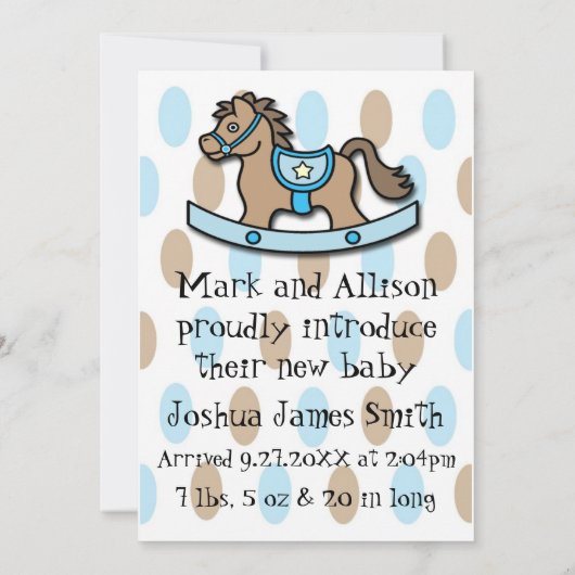 Het is een 'Boy Rocking Horse Birth' aankondiging (Achterkant)