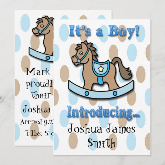 Het is een 'Boy Rocking Horse Birth' aankondiging (Voorkant / Achterkant)