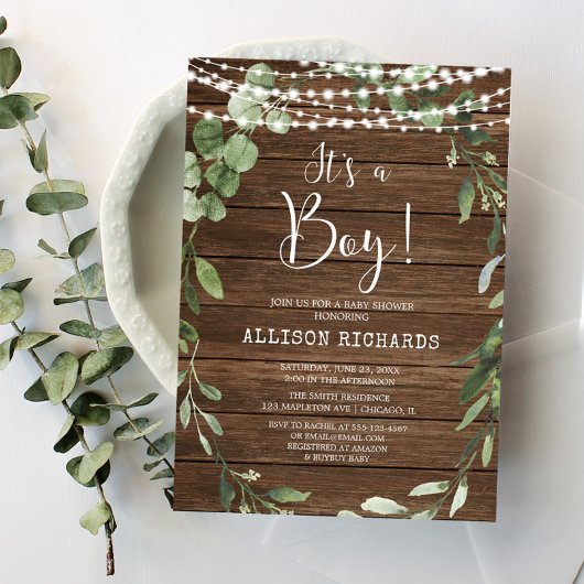 Het is een Boy Rustic licht groen baby shower Kaart