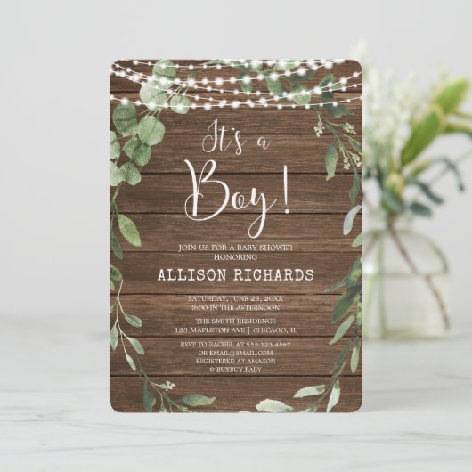 Het is een Boy Rustic licht groen baby shower Kaart (Staand voorkant)