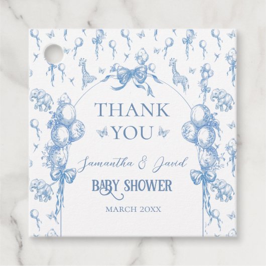 Het is een Boy Safari Animal Blue Balloon Baby sho Bedankjes Labels (Voorkant)