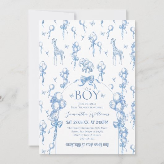Het is een Boy Safari Animal Blue Balloon Baby sho Kaart (Voorkant)