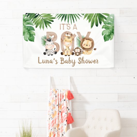 Het is een Boy Safari Baby shower Spandoek (Insitu)
