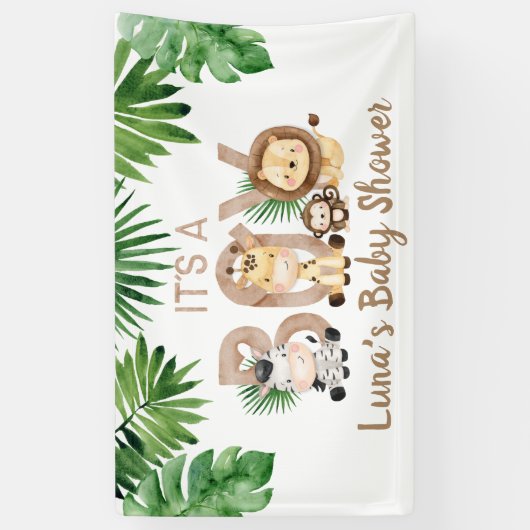 Het is een Boy Safari Baby shower Spandoek (Verticaal)
