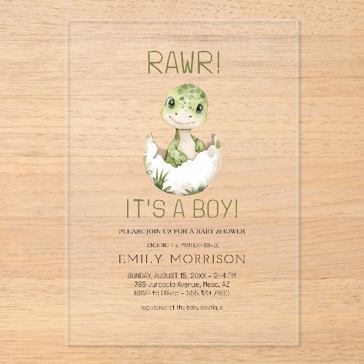 Het is een Boy Schattige Dinosaur Baby Boy Shower Acryl Uitnodigingen (Voorkant)