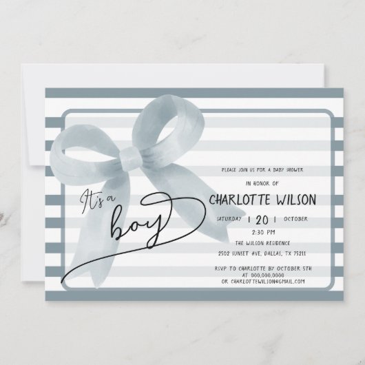 Het is een Boy Schattige Dusty Blue Bow Stripes Ba Kaart (Voorkant)