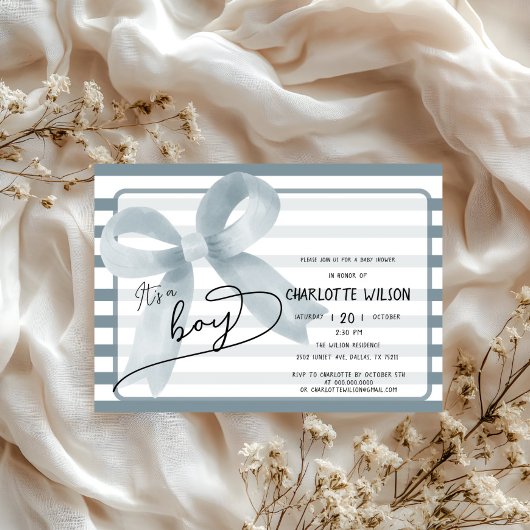 Het is een Boy Schattige Dusty Blue Bow Stripes Ba Kaart