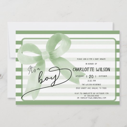 Het is een Boy Schattige Green Bow Stripes Baby sh Kaart (Voorkant)