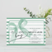 Het is een Boy Schattige Mint Bow Stripes Baby sho Kaart (Staand voorkant)