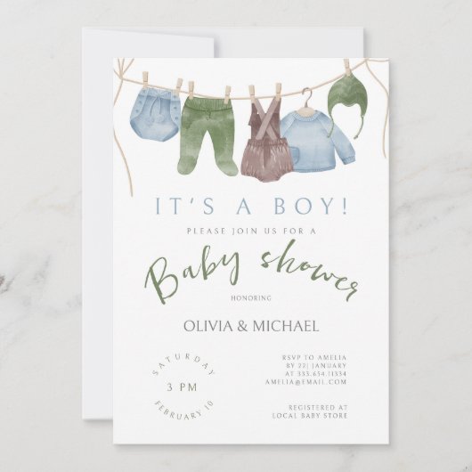 Het is een Boy Schattige Waterverf Kleding Baby sh Kaart (Voorkant)