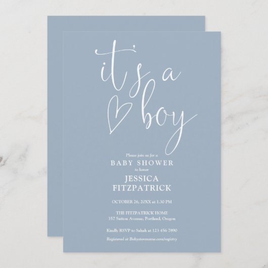 Het is een Boy Script Heart Dusty Blue Boy Baby sh Kaart (Voorkant / Achterkant)