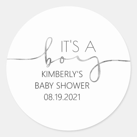 Het is een Boy Silver Script Baby shower Ronde Sticker (Voorkant)