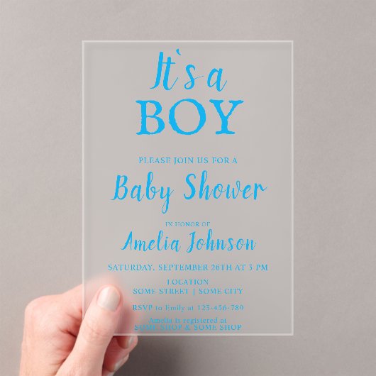 Het is een Boy Simple Blue Baby Boy Baby shower Acryl Uitnodigingen (Insitu (Draagbaar))