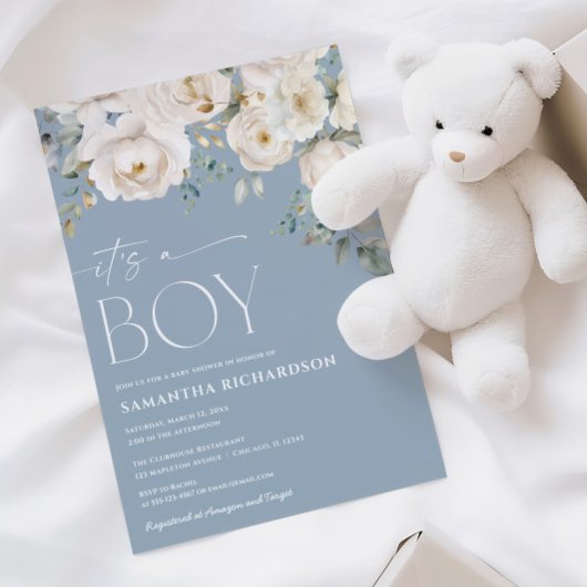 Het is een Boy stoffige blauwe witte elegante bloe Kaart