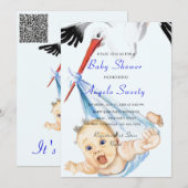 Het is een Boy Stork Baby Boy Shower nodigt QR Cod (Voorkant / Achterkant)