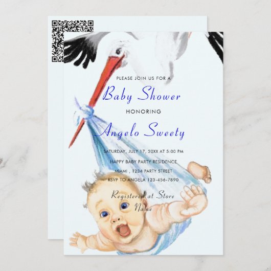 Het is een Boy Stork Baby Boy Shower nodigt QR Cod (Voorkant / Achterkant)