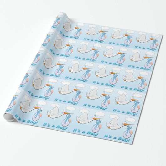 Het is een Boy Stork Baby shower inpakpapier (Uitgerold)