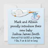 Het is een 'Boy Stork Birth Announcement' Aankondiging (Achterkant)