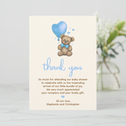 Het is een Boy Teddy Bear-Baby shower Bedankkaart (Staand voorkant)