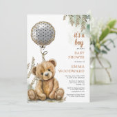 Het is een Boy Teddy Bear Balloon Baby shower Kaart (Staand voorkant)