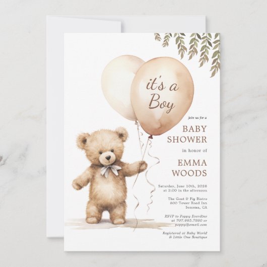 Het is een Boy Teddy Bear Balloons Baby shower Kaart (Voorkant)