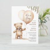 Het is een Boy Teddy Bear Balloons Baby shower Kaart (Staand voorkant)