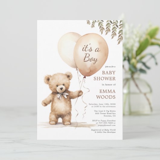 Het is een Boy Teddy Bear Balloons Baby shower Kaart (Staand voorkant)