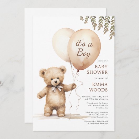 Het is een Boy Teddy Bear Balloons Baby shower Kaart (Voorkant / Achterkant)