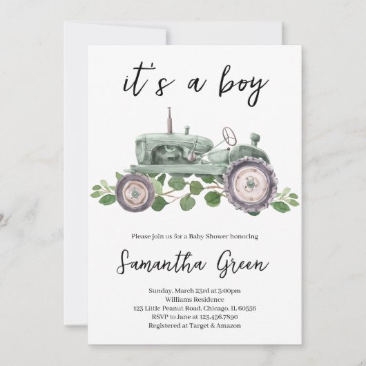 Het is een Boy Tractor Baby shower Kaart (Voorkant)