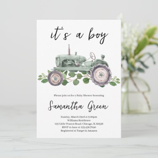 Het is een Boy Tractor Baby shower Kaart (Staand voorkant)