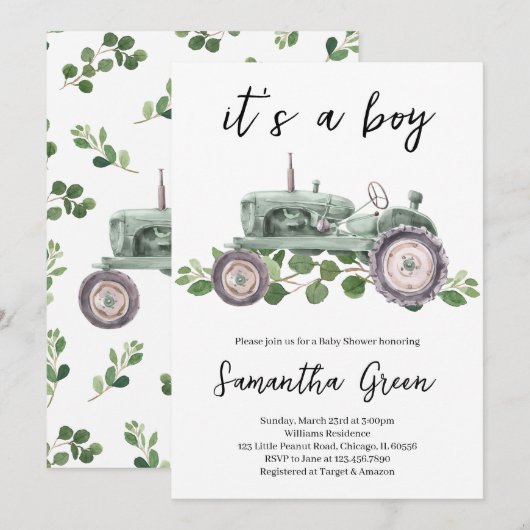 Het is een Boy Tractor Baby shower Kaart (Voorkant / Achterkant)