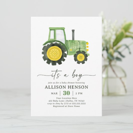 Het is een Boy Tractor Baby shower Kaart (Staand voorkant)