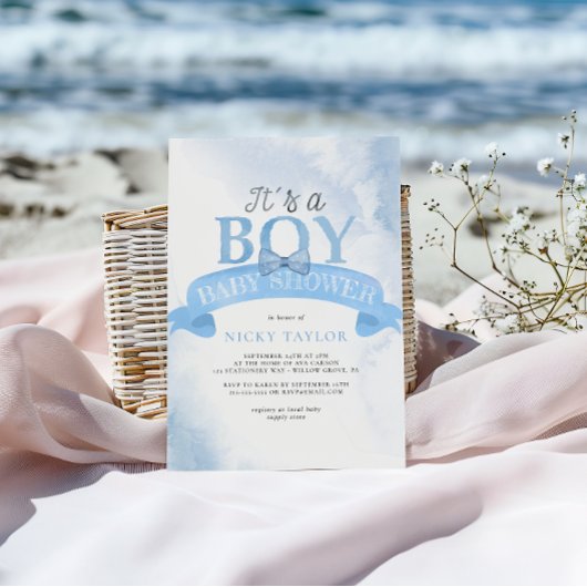 Het is een Boy Waterverf Blue Dusty Bow Baby showe Kaart