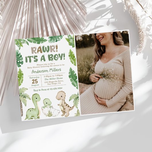 Het is een Boy Waterverf Dinosaur Baby shower Foto Kaart