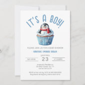 Het is een Boy Winter Blue Penguin Baby shower Kaart (Voorkant)