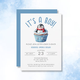 Het is een Boy Winter Blue Penguin Baby shower Kaart