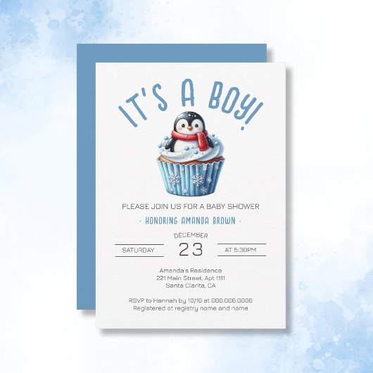 Het is een Boy Winter Blue Penguin Baby shower Kaart