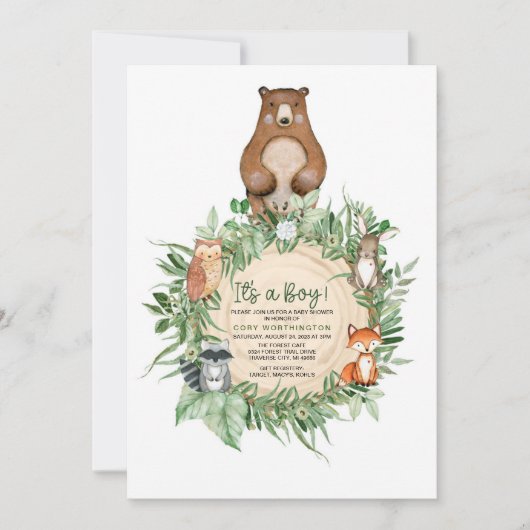HET IS EEN BOY WOODLAND BABY SHOWER INVITATIE KAART (Voorkant)