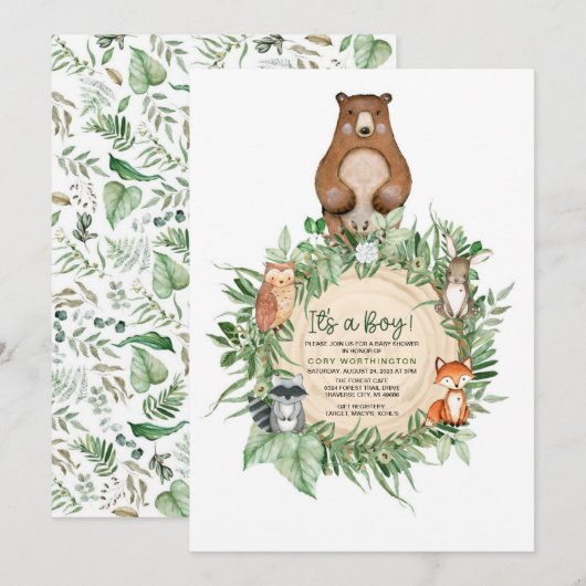 HET IS EEN BOY WOODLAND BABY SHOWER INVITATIE KAART (Voorkant / Achterkant)