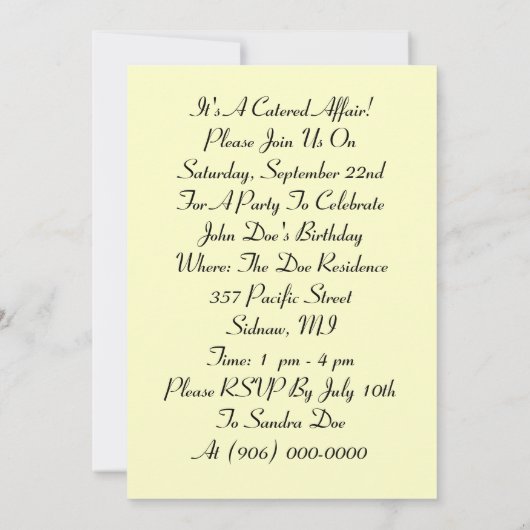 Het is een Catered Affair Chef Party nodigt om het Kaart (Achterkant)