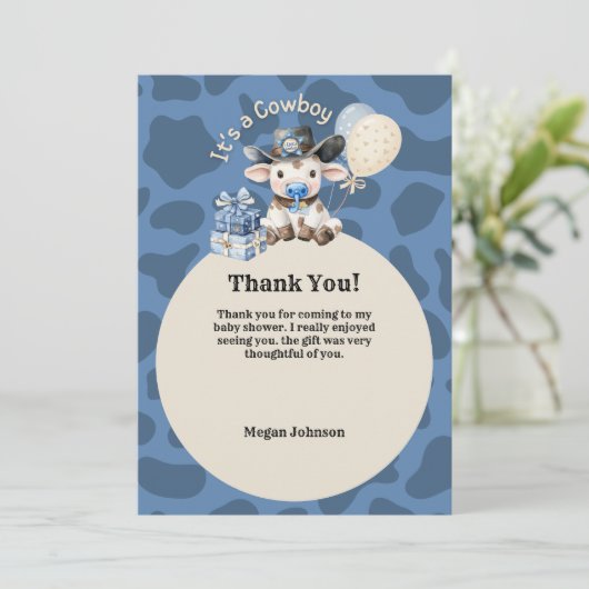 Het is een Cowboy Blue & Beige Baby shower Bedankkaart (Staand voorkant)