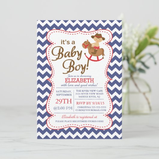 Het is een COWBOY Boys Baby shower uitnodiging (Staand voorkant)