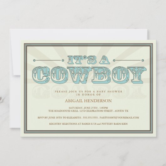 Het is een Cowboy Country Baby shower Blue Invitat Kaart (Voorkant)