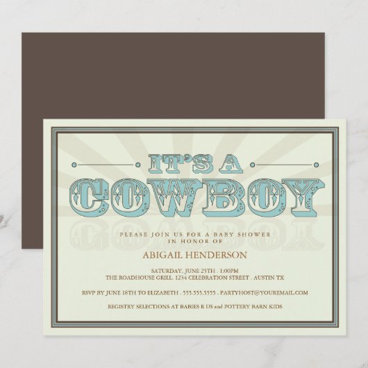 Het is een Cowboy Country Baby shower Blue Invitat Kaart (Voorkant / Achterkant)