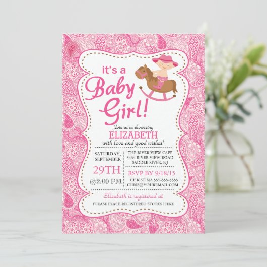 Het is een COWGIRL Meisjes Baby shower Invitation Kaart (Staand voorkant)