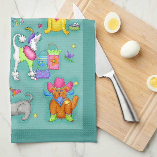 Het is een Dogs Life Whimsy Funny Dogs Blauwgroen  Theedoek (Quarter Fold)