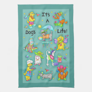 Het is een Dogs Life Whimsy Funny Dogs Blauwgroen  Theedoek